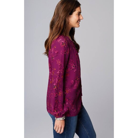 J. Jill Smocked Neck Floral Button Shirt Purple Rayon XS Small Tall NWT - Picture 3 of 5